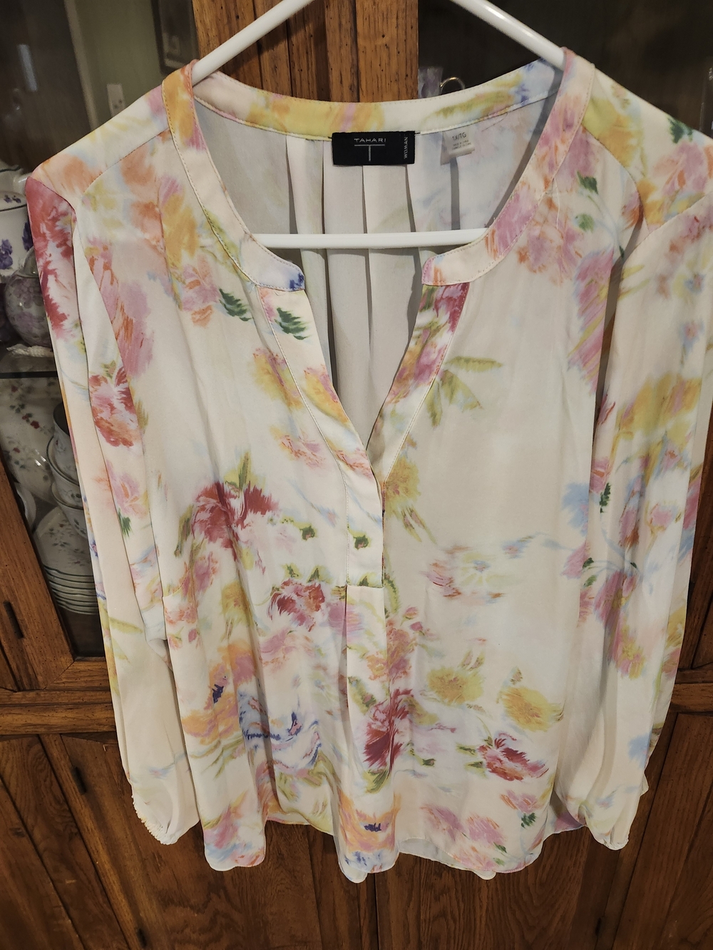 T Tahari Pastel Floral Watercolor Split-Neck Blouse